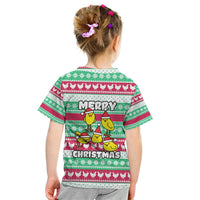 Merry Chickmas Christmas Kid T Shirt with Yellow Cartoon Birds in Santa Hats and Red Green Snowflake Pattern - Wonder Print Shop