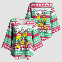 Merry Chickmas Christmas Kimono Sleeve Blouse with Yellow Cartoon Birds in Santa Hats and Red Green Snowflake Pattern - Wonder Print Shop