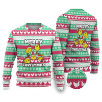 Merry Chickmas Christmas Ugly Christmas Sweater with Yellow Cartoon Birds in Santa Hats and Red Green Snowflake Pattern - Wonder Print Shop