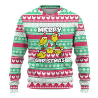 Merry Chickmas Christmas Ugly Christmas Sweater with Yellow Cartoon Birds in Santa Hats and Red Green Snowflake Pattern - Wonder Print Shop