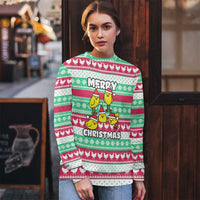 Merry Chickmas Christmas Ugly Christmas Sweater with Yellow Cartoon Birds in Santa Hats and Red Green Snowflake Pattern - Wonder Print Shop