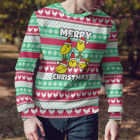 Merry Chickmas Christmas Ugly Christmas Sweater with Yellow Cartoon Birds in Santa Hats and Red Green Snowflake Pattern - Wonder Print Shop