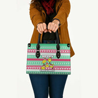 Merry Chickmas Christmas Leather Bag with Yellow Cartoon Birds in Santa Hats and Red Green Snowflake Pattern - Wonder Print Shop