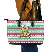 Merry Chickmas Christmas Leather Tote Bag with Yellow Cartoon Birds in Santa Hats and Red Green Snowflake Pattern - Wonder Print Shop