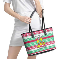 Merry Chickmas Christmas Leather Tote Bag with Yellow Cartoon Birds in Santa Hats and Red Green Snowflake Pattern - Wonder Print Shop