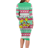 Merry Chickmas Christmas Long Sleeve Bodycon Dress with Yellow Cartoon Birds in Santa Hats and Red Green Snowflake Pattern - Wonder Print Shop