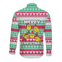 Merry Chickmas Christmas Long Sleeve Button Shirt with Yellow Cartoon Birds in Santa Hats and Red Green Snowflake Pattern - Wonder Print Shop