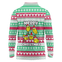 Merry Chickmas Christmas Long Sleeve Polo Shirt with Yellow Cartoon Birds in Santa Hats and Red Green Snowflake Pattern - Wonder Print Shop