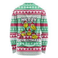 Merry Chickmas Christmas Long Sleeve Shirt with Yellow Cartoon Birds in Santa Hats and Red Green Snowflake Pattern - Wonder Print Shop