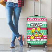 Merry Chickmas Christmas Luggage Cover with Yellow Cartoon Birds in Santa Hats and Red Green Snowflake Pattern - Wonder Print Shop