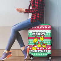 Merry Chickmas Christmas Luggage Cover with Yellow Cartoon Birds in Santa Hats and Red Green Snowflake Pattern - Wonder Print Shop