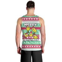 Merry Chickmas Christmas Men Tank Top with Yellow Cartoon Birds in Santa Hats and Red Green Snowflake Pattern - Wonder Print Shop