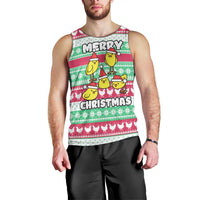 Merry Chickmas Christmas Men Tank Top with Yellow Cartoon Birds in Santa Hats and Red Green Snowflake Pattern - Wonder Print Shop