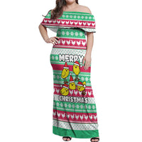 Merry Chickmas Christmas Off Shoulder Maxi Dress with Yellow Cartoon Birds in Santa Hats and Red Green Snowflake Pattern - Wonder Print Shop