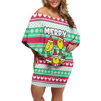 Merry Chickmas Christmas Off Shoulder Short Dress with Yellow Cartoon Birds in Santa Hats and Red Green Snowflake Pattern - Wonder Print Shop