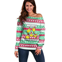Merry Chickmas Christmas Off Shoulder Sweater with Yellow Cartoon Birds in Santa Hats and Red Green Snowflake Pattern - Wonder Print Shop