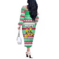 Merry Chickmas Christmas Off The Shoulder Long Sleeve Dress with Yellow Cartoon Birds in Santa Hats and Red Green Snowflake Pattern - Wonder Print Shop