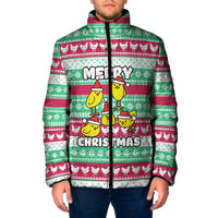 Merry Chickmas Christmas Padded Jacket with Yellow Cartoon Birds in Santa Hats and Red Green Snowflake Pattern - Wonder Print Shop