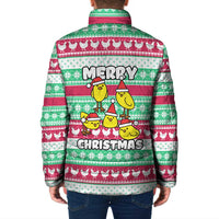 Merry Chickmas Christmas Padded Jacket with Yellow Cartoon Birds in Santa Hats and Red Green Snowflake Pattern - Wonder Print Shop