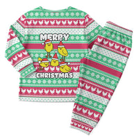 Merry Chickmas Christmas Pajama Set with Yellow Cartoon Birds in Santa Hats and Red Green Snowflake Pattern - Wonder Print Shop