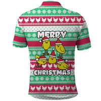 Merry Chickmas Christmas Polo Shirt with Yellow Cartoon Birds in Santa Hats and Red Green Snowflake Pattern - Wonder Print Shop