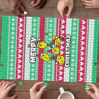 Merry Chickmas Christmas Puzzle with Yellow Cartoon Birds in Santa Hats and Red Green Snowflake Pattern - Wonder Print Shop