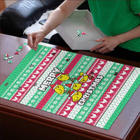 Merry Chickmas Christmas Puzzle with Yellow Cartoon Birds in Santa Hats and Red Green Snowflake Pattern - Wonder Print Shop