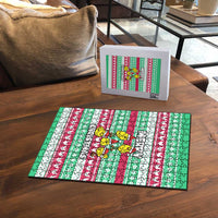 Merry Chickmas Christmas Puzzle with Yellow Cartoon Birds in Santa Hats and Red Green Snowflake Pattern - Wonder Print Shop