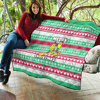 Merry Chickmas Christmas Quilt with Yellow Cartoon Birds in Santa Hats and Red Green Snowflake Pattern - Wonder Print Shop