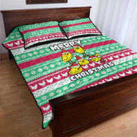 Merry Chickmas Christmas Quilt Bed Set with Yellow Cartoon Birds in Santa Hats and Red Green Snowflake Pattern - Wonder Print Shop