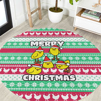Merry Chickmas Christmas Round Carpet with Yellow Cartoon Birds in Santa Hats and Red Green Snowflake Pattern - Wonder Print Shop