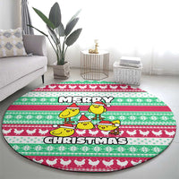 Merry Chickmas Christmas Round Carpet with Yellow Cartoon Birds in Santa Hats and Red Green Snowflake Pattern - Wonder Print Shop