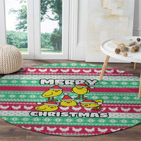 Merry Chickmas Christmas Round Carpet with Yellow Cartoon Birds in Santa Hats and Red Green Snowflake Pattern - Wonder Print Shop