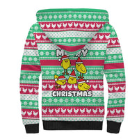 Merry Chickmas Christmas Sherpa Hoodie with Yellow Cartoon Birds in Santa Hats and Red Green Snowflake Pattern - Wonder Print Shop
