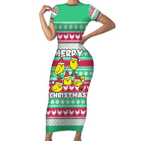 Merry Chickmas Christmas Short Sleeve Bodycon Dress with Yellow Cartoon Birds in Santa Hats and Red Green Snowflake Pattern - Wonder Print Shop