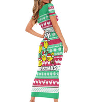 Merry Chickmas Christmas Short Sleeve Bodycon Dress with Yellow Cartoon Birds in Santa Hats and Red Green Snowflake Pattern - Wonder Print Shop