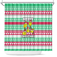 Merry Chickmas Christmas Shower Curtain with Yellow Cartoon Birds in Santa Hats and Red Green Snowflake Pattern - Wonder Print Shop