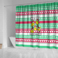 Merry Chickmas Christmas Shower Curtain with Yellow Cartoon Birds in Santa Hats and Red Green Snowflake Pattern - Wonder Print Shop