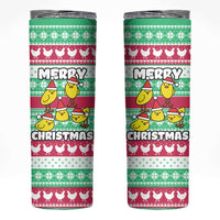 Merry Chickmas Christmas Skinny Tumbler with Yellow Cartoon Birds in Santa Hats and Red Green Snowflake Pattern - Wonder Print Shop