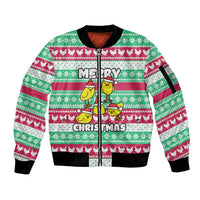 Merry Chickmas Christmas Sleeve Zip Bomber Jacket with Yellow Cartoon Birds in Santa Hats and Red Green Snowflake Pattern - Wonder Print Shop