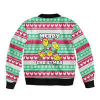 Merry Chickmas Christmas Sleeve Zip Bomber Jacket with Yellow Cartoon Birds in Santa Hats and Red Green Snowflake Pattern - Wonder Print Shop