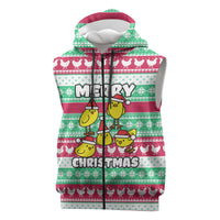 Merry Chickmas Christmas Sleeveless Zip Hoodie with Yellow Cartoon Birds in Santa Hats and Red Green Snowflake Pattern - Wonder Print Shop