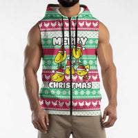 Merry Chickmas Christmas Sleeveless Zip Hoodie with Yellow Cartoon Birds in Santa Hats and Red Green Snowflake Pattern - Wonder Print Shop