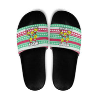 Merry Chickmas Christmas Slide Sandals with Yellow Cartoon Birds in Santa Hats and Red Green Snowflake Pattern - Wonder Print Shop