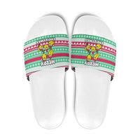 Merry Chickmas Christmas Slide Sandals with Yellow Cartoon Birds in Santa Hats and Red Green Snowflake Pattern - Wonder Print Shop