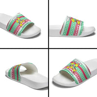 Merry Chickmas Christmas Slide Sandals with Yellow Cartoon Birds in Santa Hats and Red Green Snowflake Pattern - Wonder Print Shop