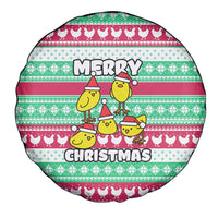 Merry Chickmas Christmas Spare Tire Cover with Yellow Cartoon Birds in Santa Hats and Red Green Snowflake Pattern - Wonder Print Shop
