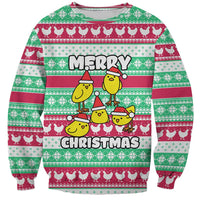 Merry Chickmas Christmas Sweatshirt with Yellow Cartoon Birds in Santa Hats and Red Green Snowflake Pattern - Wonder Print Shop