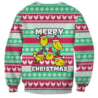 Merry Chickmas Christmas Sweatshirt with Yellow Cartoon Birds in Santa Hats and Red Green Snowflake Pattern - Wonder Print Shop