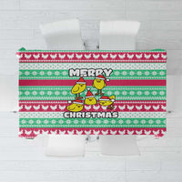 Merry Chickmas Christmas Tablecloth with Yellow Cartoon Birds in Santa Hats and Red Green Snowflake Pattern - Wonder Print Shop